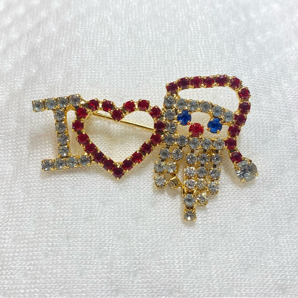 Vintage I love Santa rhinestone brooch